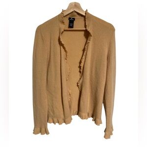 Cashmere Blend Cardigan Sweater Ruffle Hem Open Front Camel Brown Women’s Large